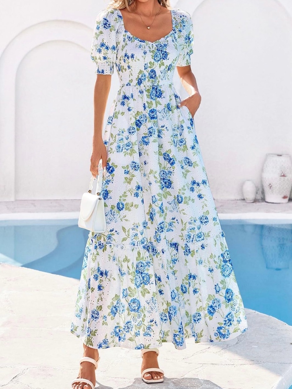 #79 Pretty Garden Blue Floral Puff-Sleeve Maxi Dress A Line Smocked Eyelet - Picture 2 of 11